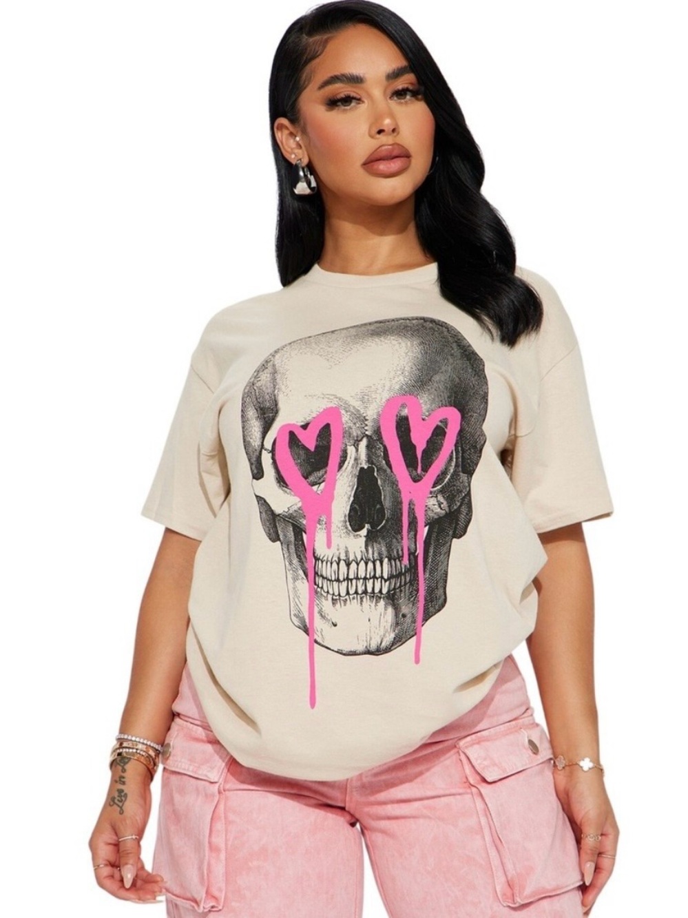 Skull Hearts Graphic Tee 100% Cotton Beige Black Pink Graffiti Summerween Medium